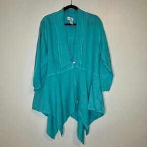 Mosaic USA Linen One Button Drape Cardigan Topper Teal Blue Lagenlook L